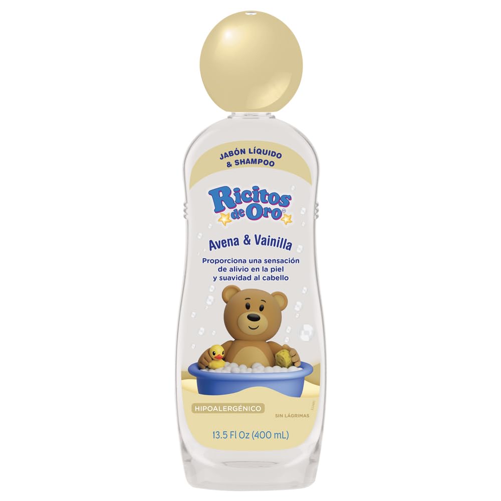Ricitos de Oro baby wash bottle pour illustrates gentle, tear-free cleansing for delicate skin.