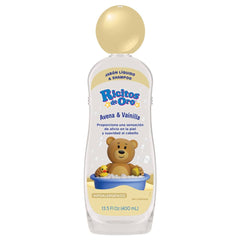 Ricitos de Oro baby wash bottle pour illustrates gentle, tear-free cleansing for delicate skin.