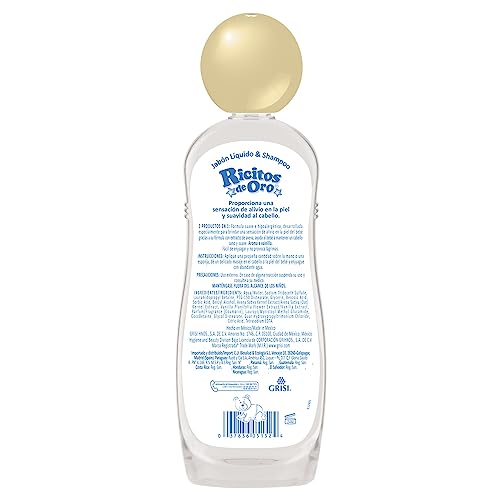Ricitos de Oro bottle label and packaging highlights oats and vanilla for soothing bath time.