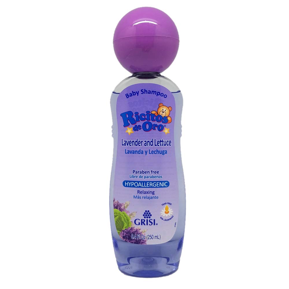 Ricitos de Oro Lavender Baby Shampoo bottle demonstrates gentle cleansing for delicate baby hair