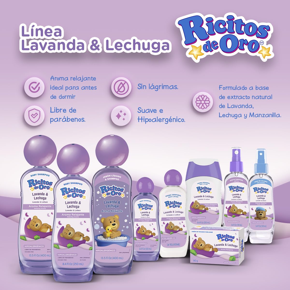 Ricitos de Oro ingredients panel featuring lavender and lettuce extracts.