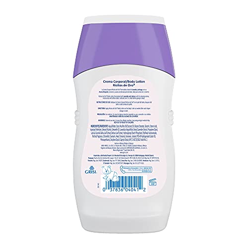 Ricitos de Oro bottle label highlighting natural ingredients for calming routine.