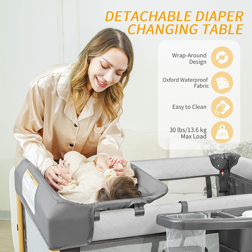 RICUTON bassinet with 4-level height adjustment aligning with bed height.