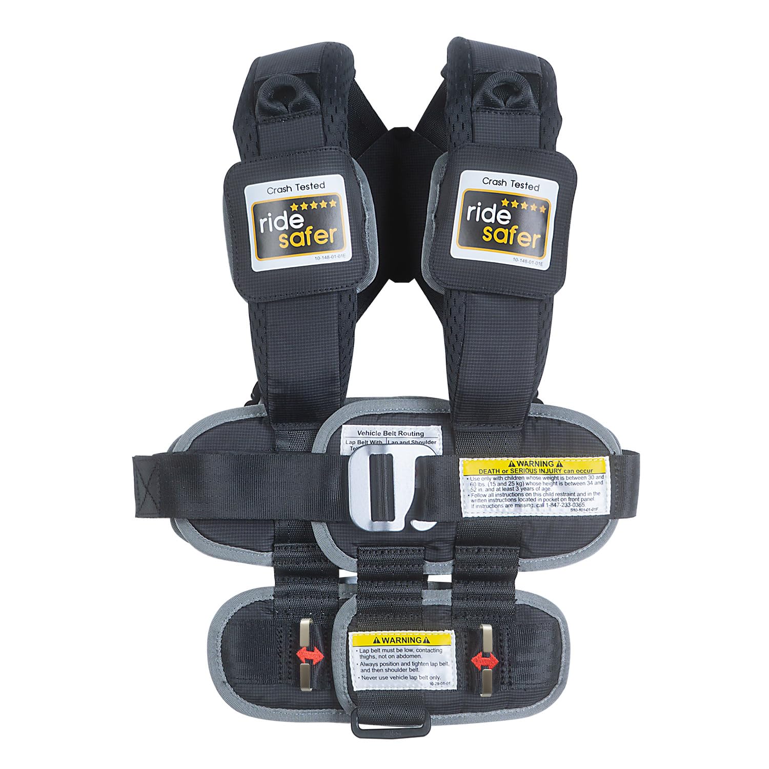 RideSafer small black vest worn in car showing compact, secure fit.