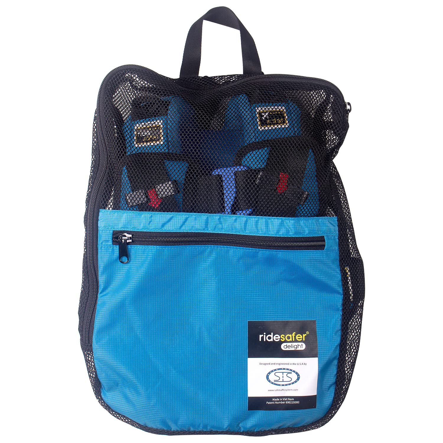 RideSafer XS blue vest with travel bag for easy packing