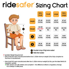 RideSafer XS size XS fits 26.5-40 lb kids for travel.