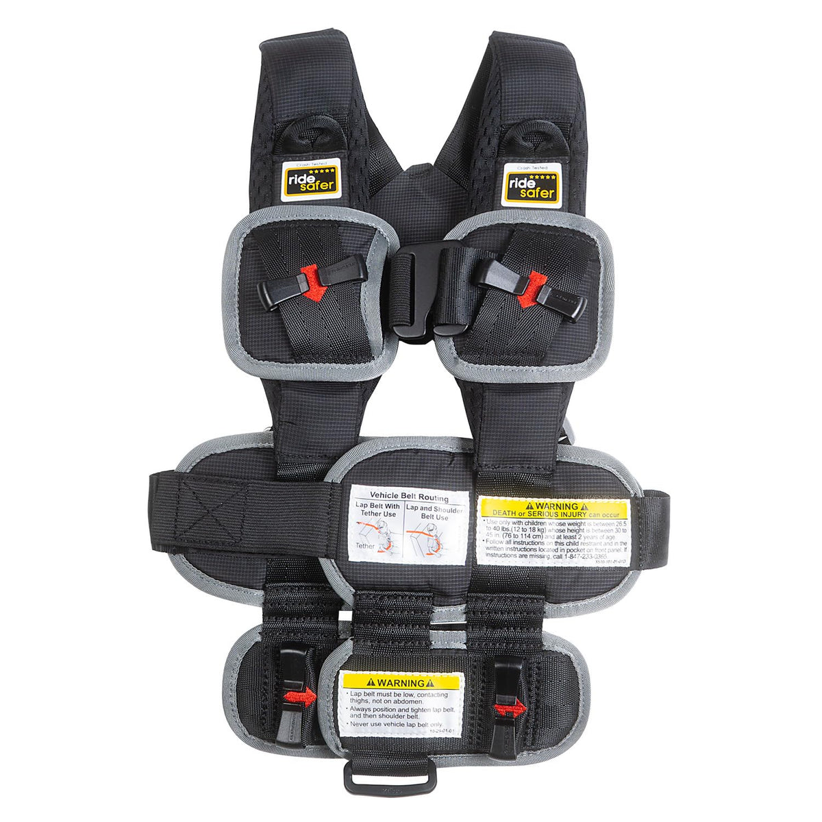 RideSafer XS vest worn in car demonstrates quick, secure restraint for small travelers.