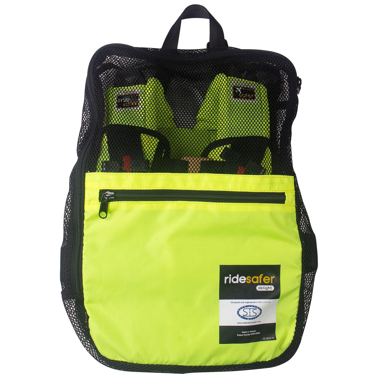 RideSafer XS yellow vest folded for storage demonstrates portability and light weight