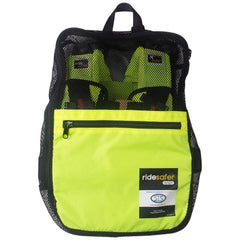 RideSafer XS yellow vest folded for storage demonstrates portability and light weight
