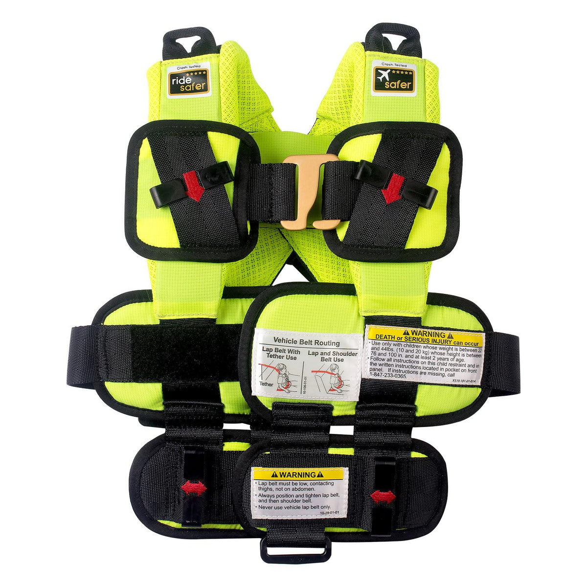 RideSafer XS yellow vest in car seat demonstrates compact travel safety for toddlers