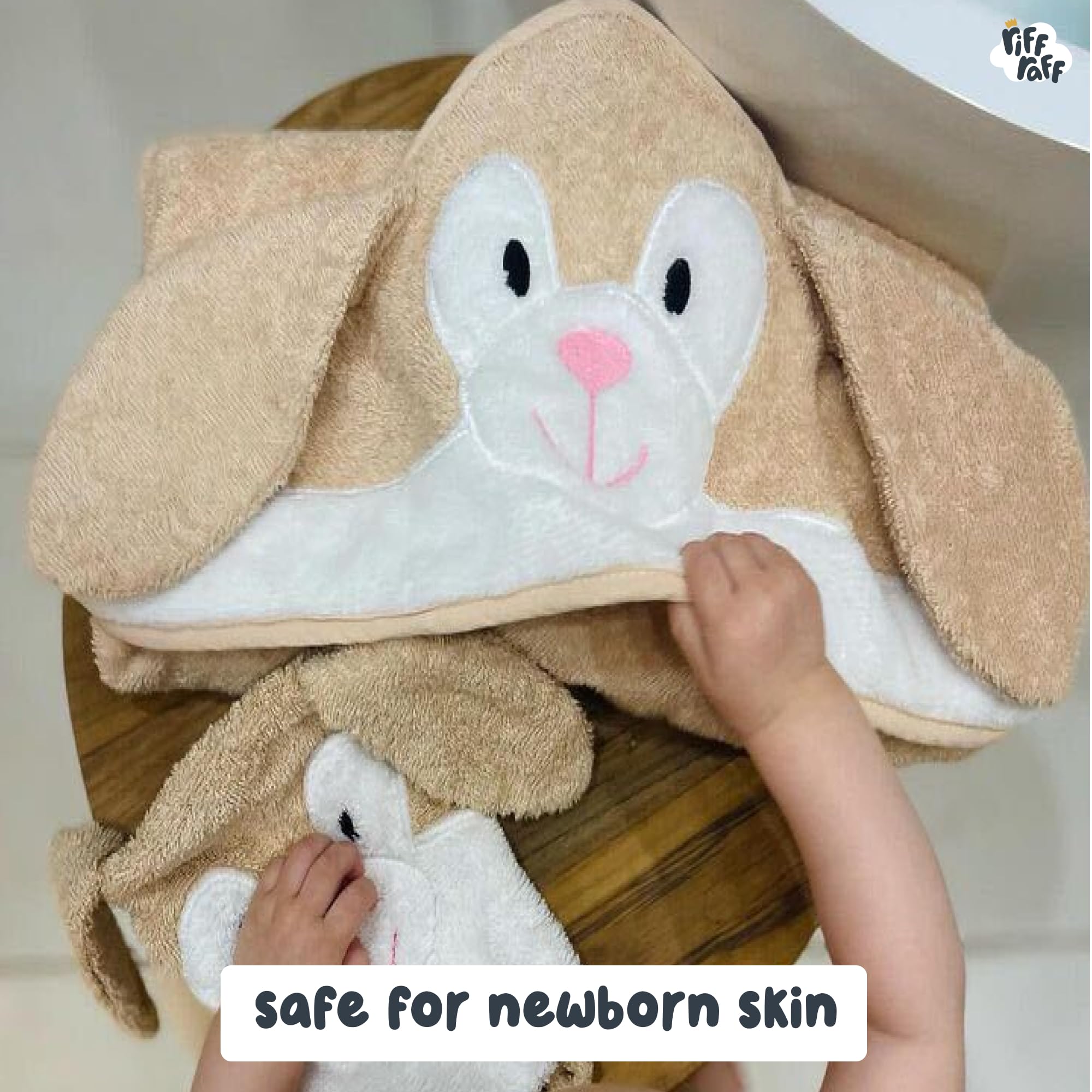 Riff Raff Bath time hooded towel adds playful drying moments.