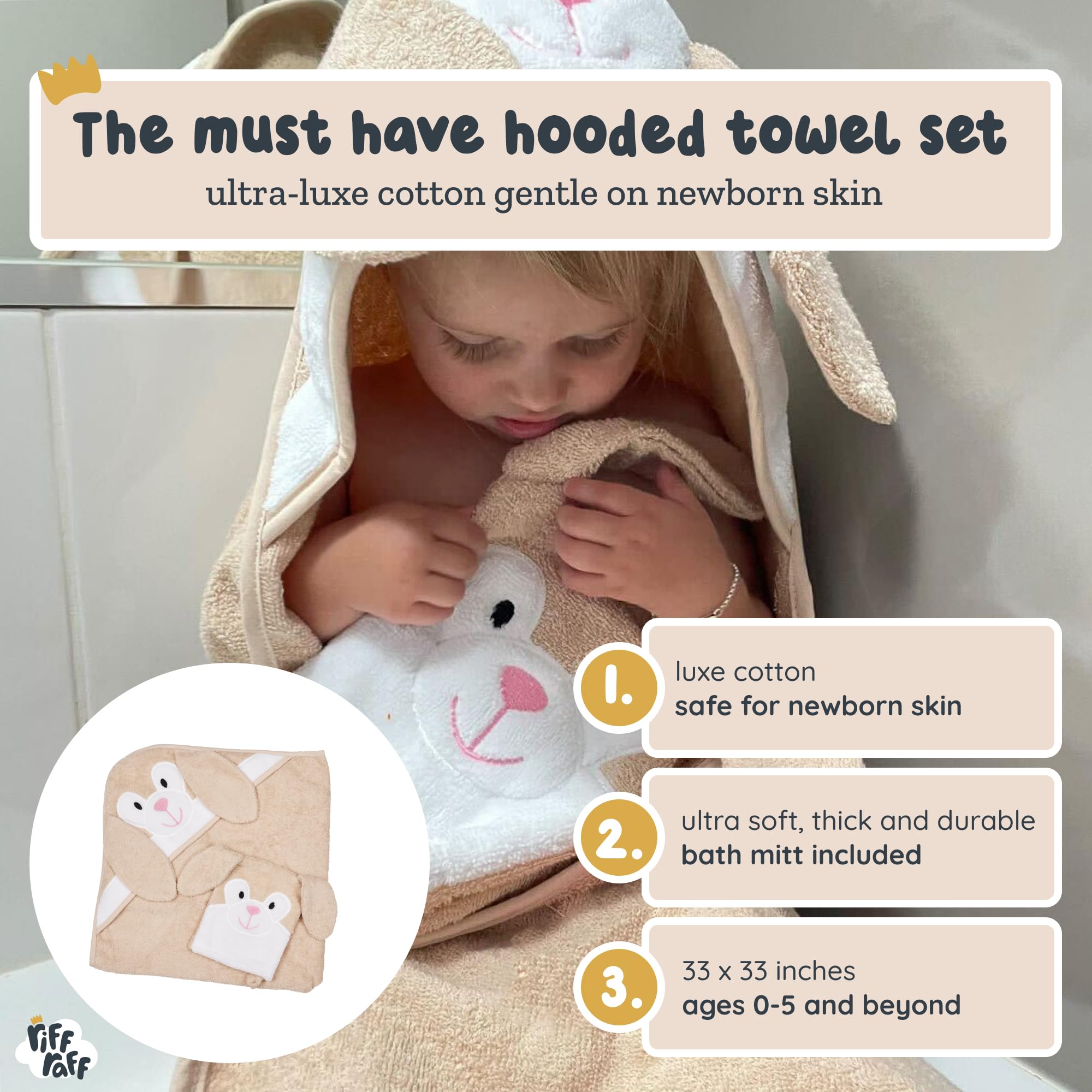 Riff Raff Smart Raccoon hooded towel provides gentle post-bath warmth.
