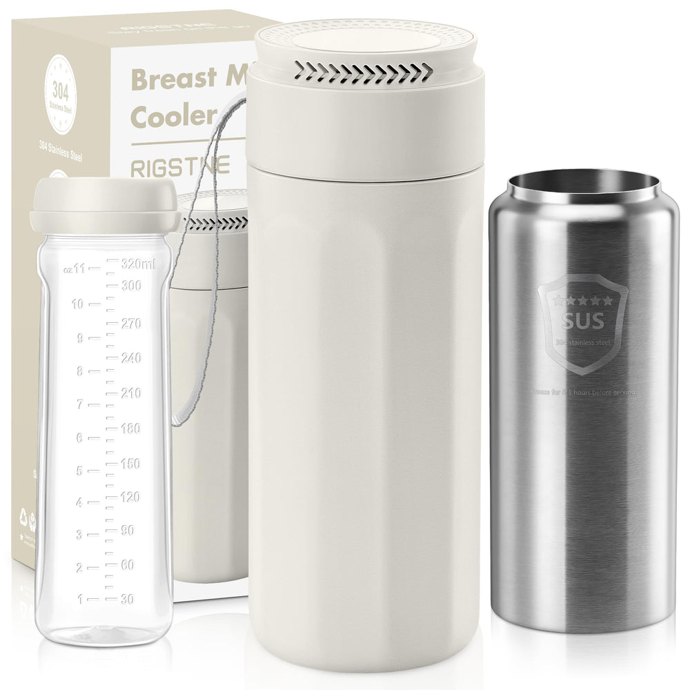 RIGSTNE portable breast milk cooler with 11oz bottle for travel-friendly cooling.