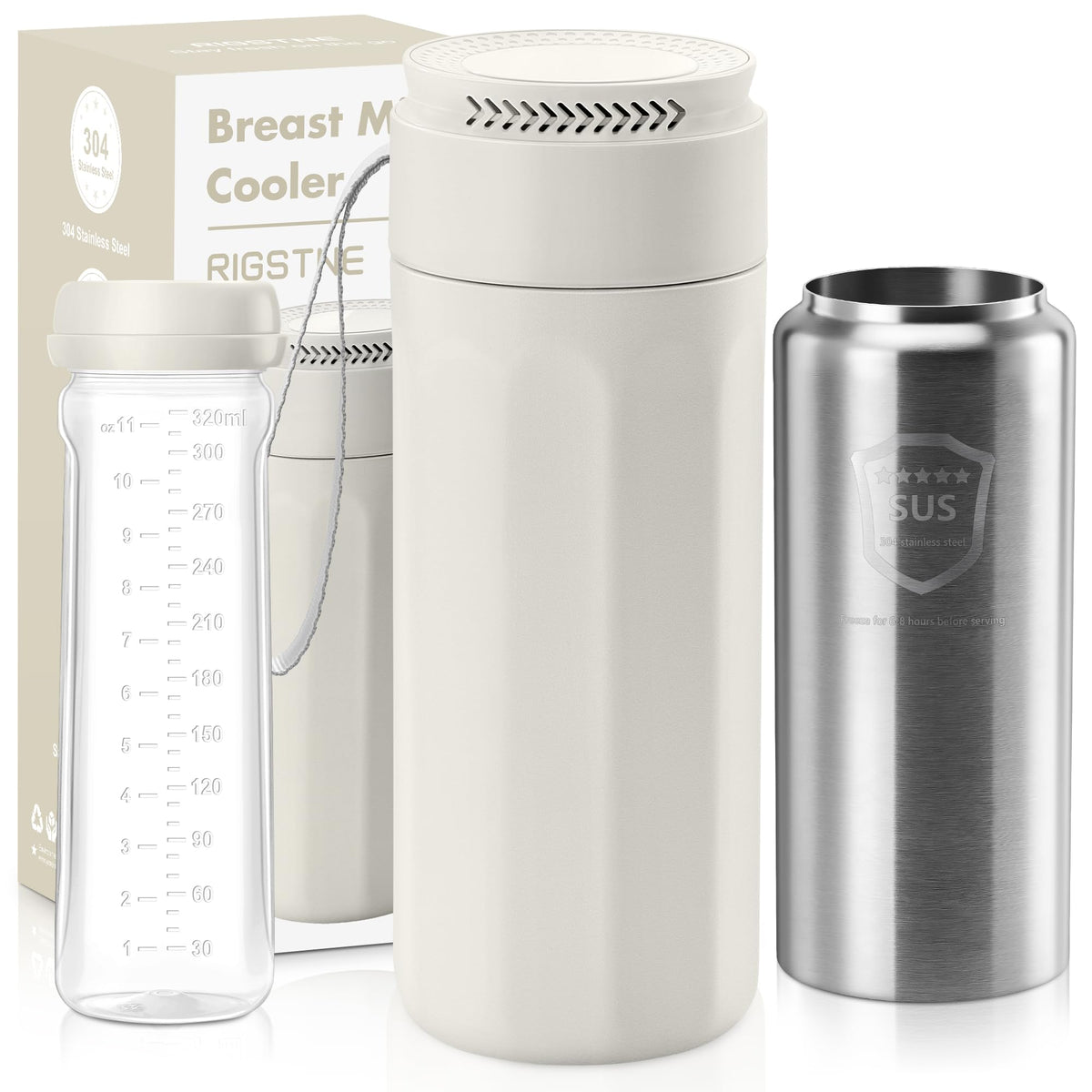 RIGSTNE portable breast milk cooler with 11oz bottle for travel-friendly cooling.