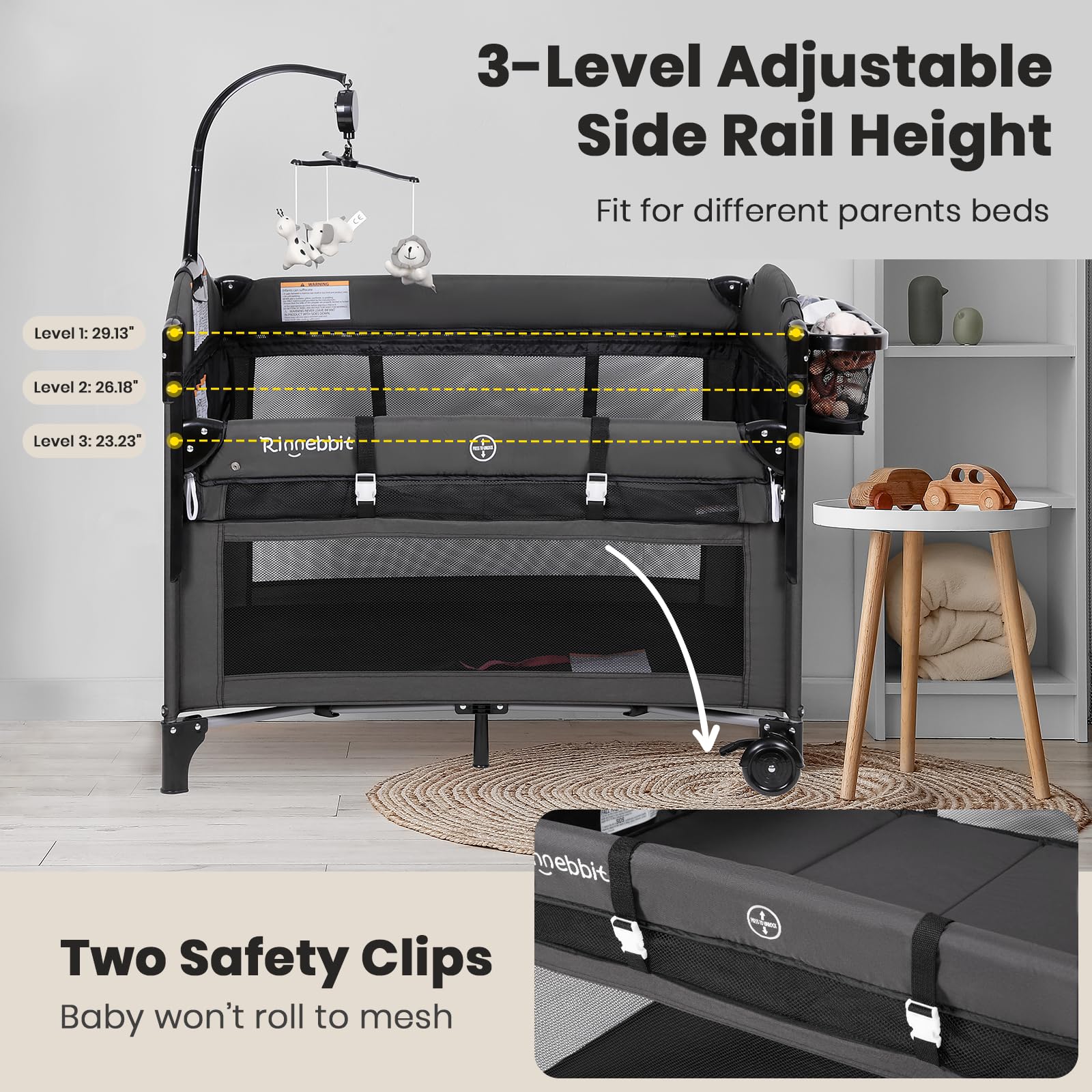 Rinnebbit 4-in-1 bassinet converts to crib or play yard for growing needs.