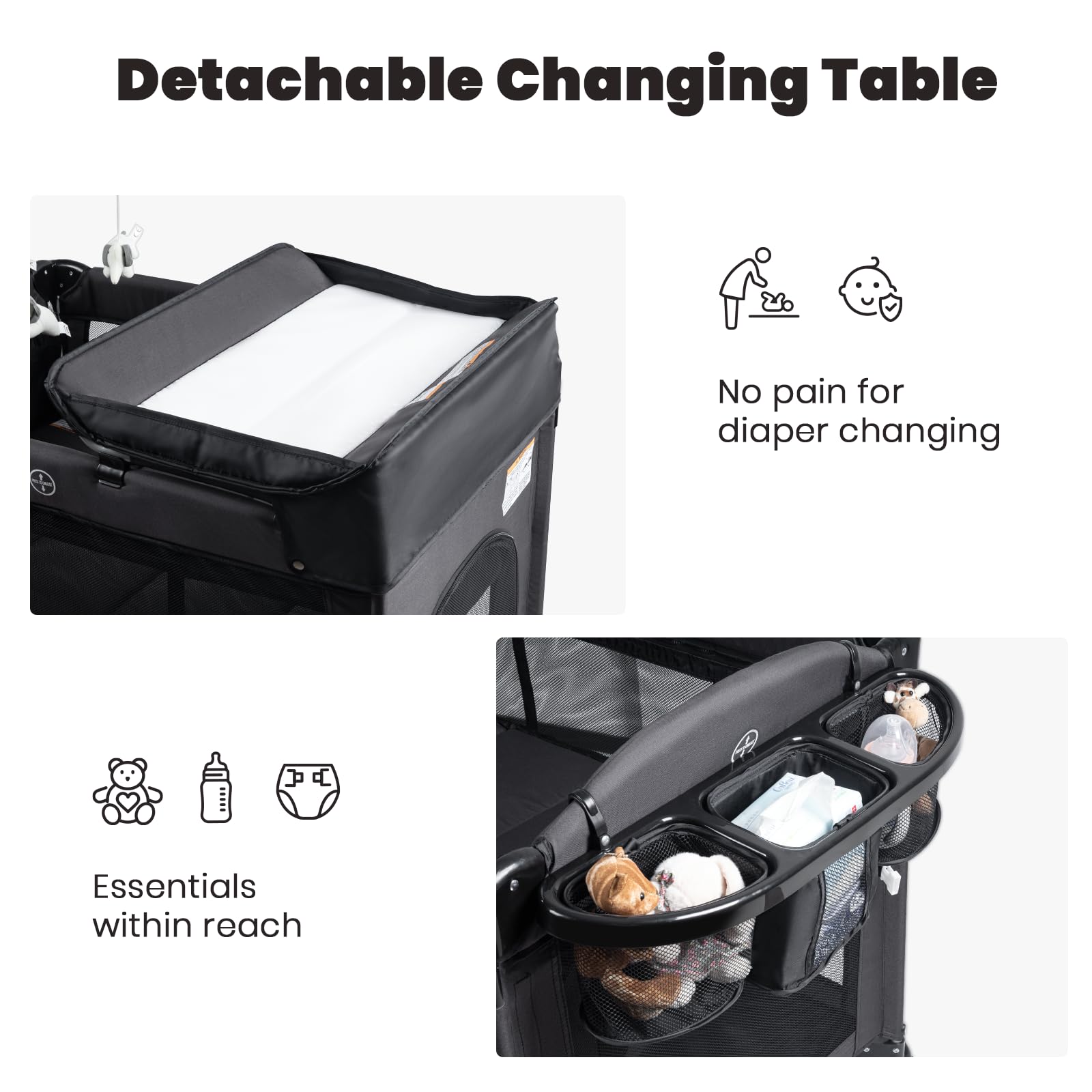 Rinnebbit diaper-changing basket keeps diapers and essentials neatly within reach.