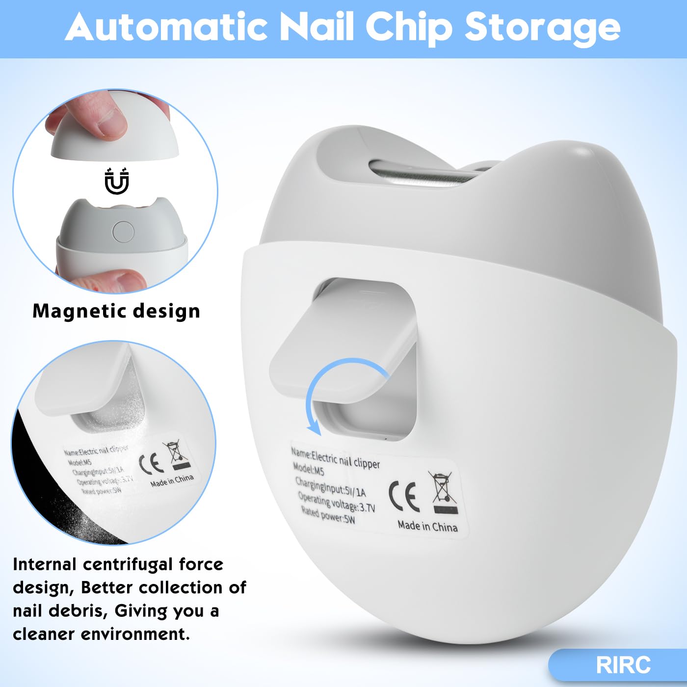 RIRC electric nail clipper lightweight 85g for easy handling.