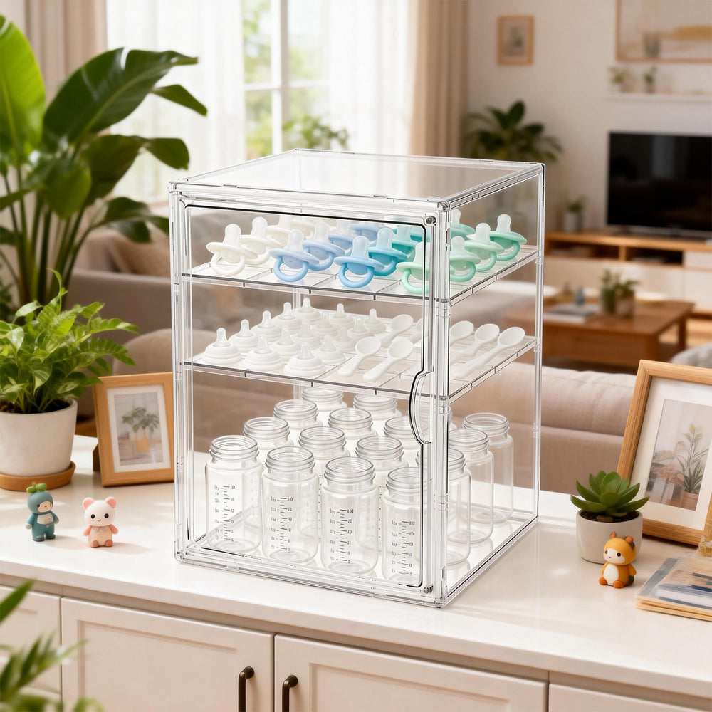RISICULIS acrylic storage with adjustable dividers improves feeding time access.