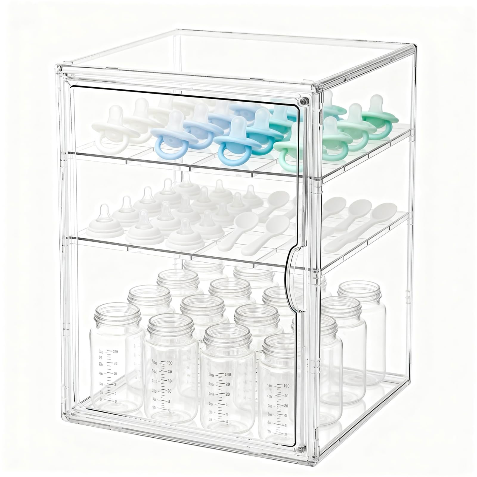 RISICULIS three-tier bottle organizer in clear acrylic keeps bottles neatly organized.