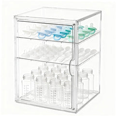 RISICULIS three-tier bottle organizer in clear acrylic keeps bottles neatly organized.