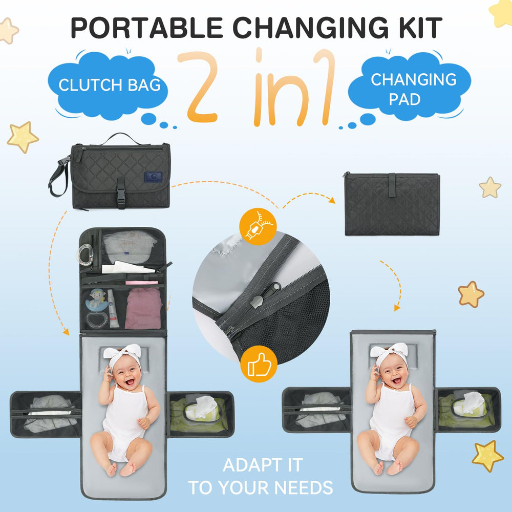 Rivermist Kids detachable pocket system keeps diapers and wipes organized