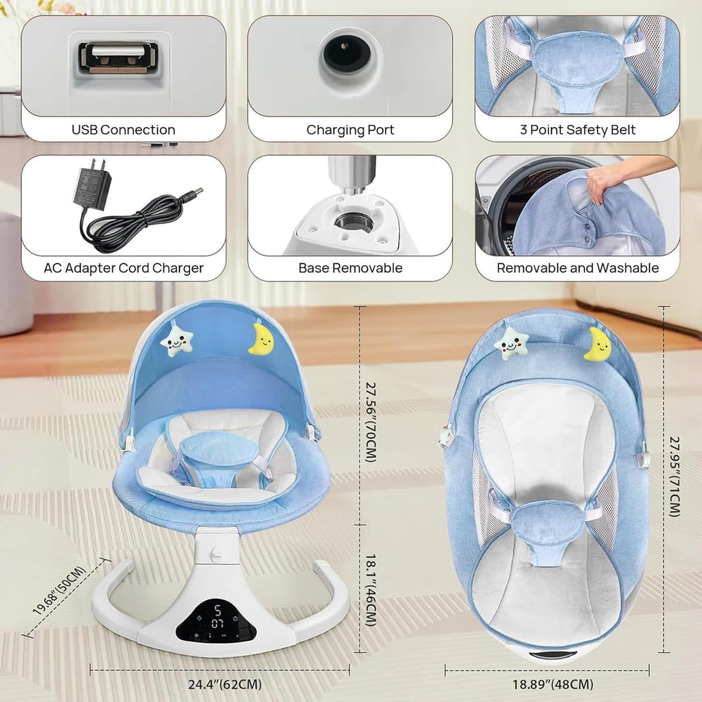 RIVIPLOU Smart Bluetooth baby swing 3-point harness with soft pads for safety.