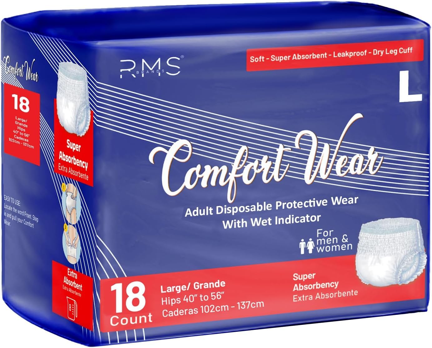 RMS Brands Comfort Wear pull-ups pack close-up shows discreet design for all-day confidence.