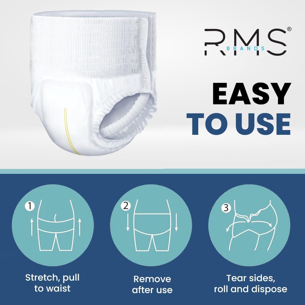 RMS Brands Comfort Wear pullups wet-indicator strip demonstrates caregiver-friendly monitoring.