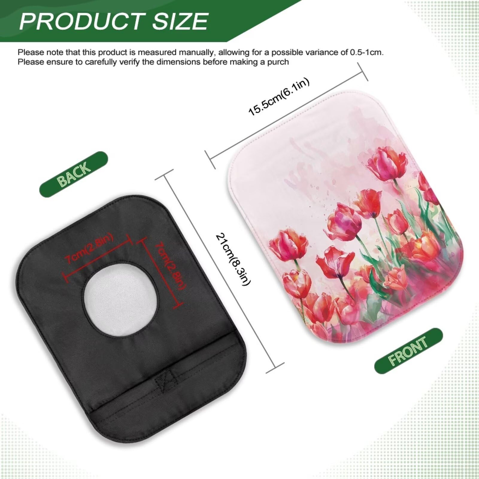 Packaging shot of Rnyleeg Pink Tulip ostomy pouch cover details.