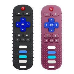 ROBBEAR teething toy remote shape provides safe chewing for soothing gums.