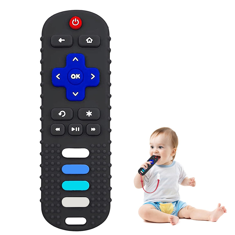 ROBBEAR TV remote teether in soft silicone for soothing baby gums.