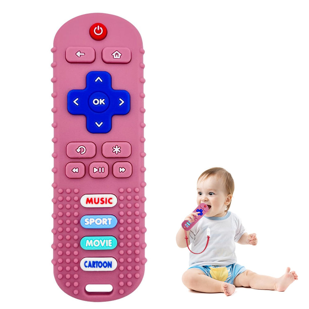 ROBBEAR TV remote teether with soft textures for soothing teething gums.
