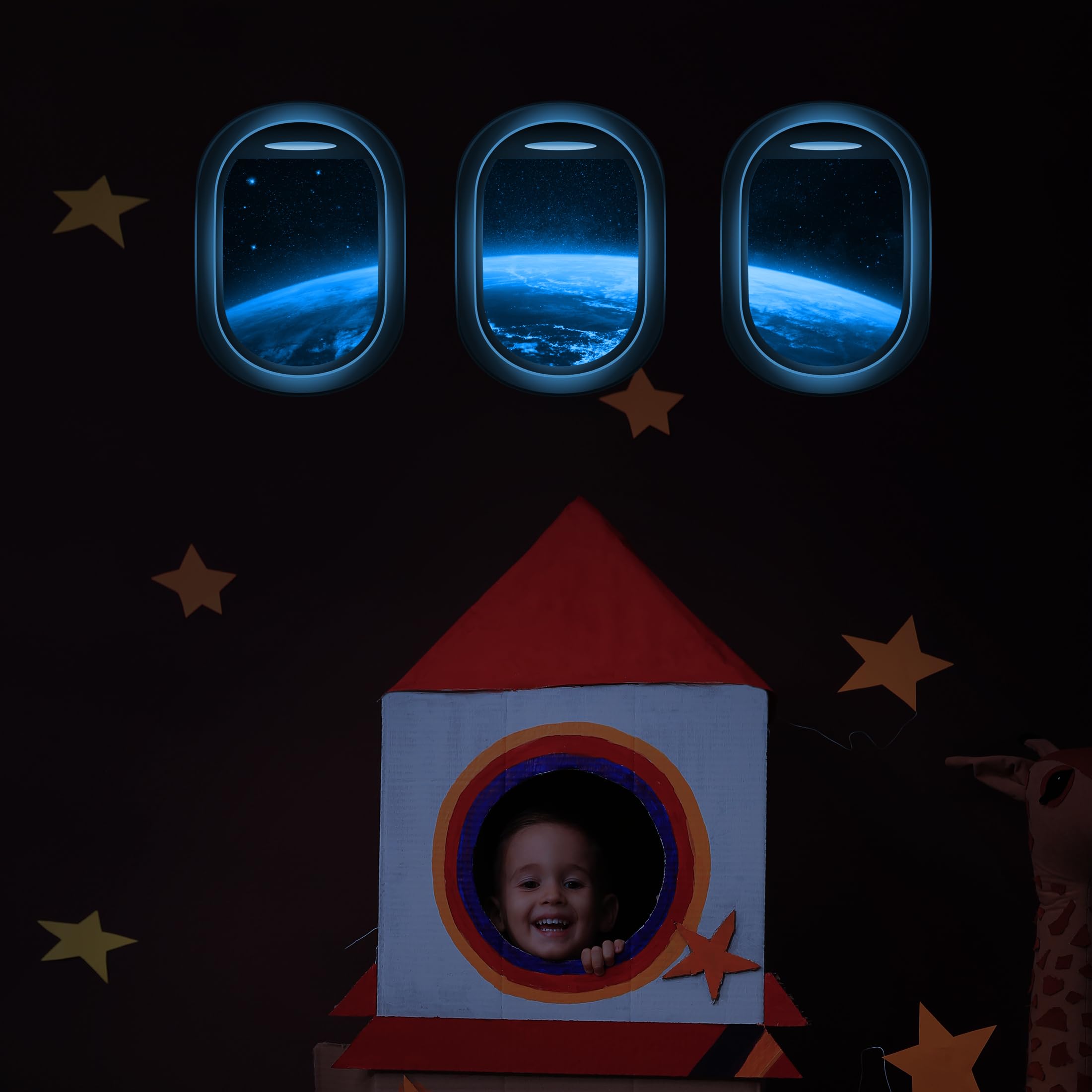 Robmoda 3D galaxy window stickers create a starry ceiling effect on flat surfaces.