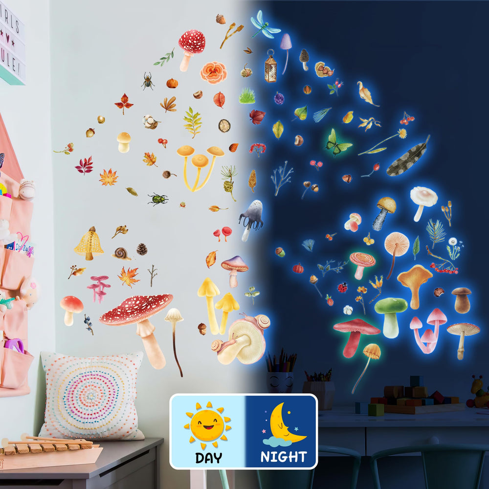 Watercolor mushroom decor from Robmoda enhances a baby room wall in blue
