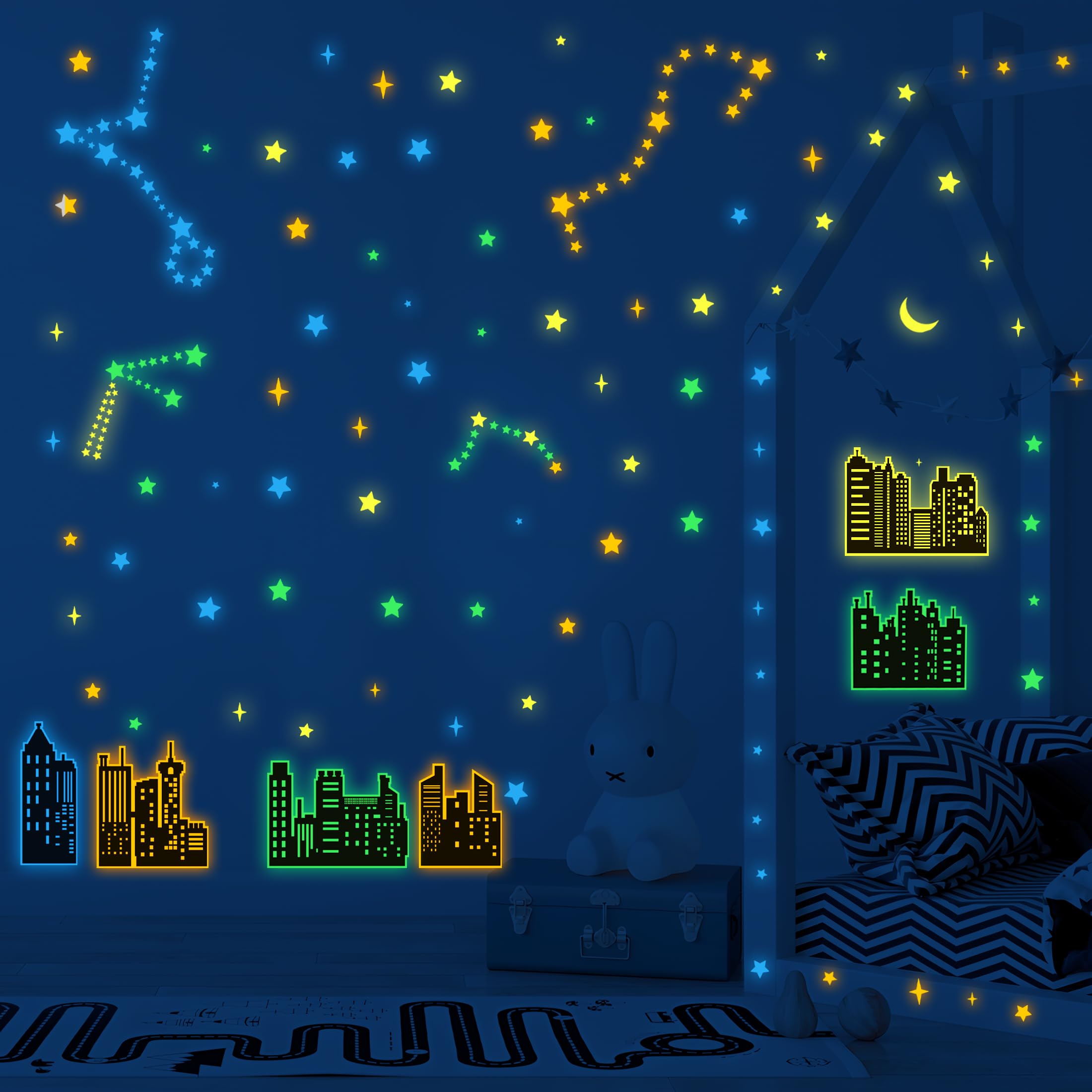 Robmoda city-buildings-silhouettes-stars-moon wall sticker enhances bedtime magic