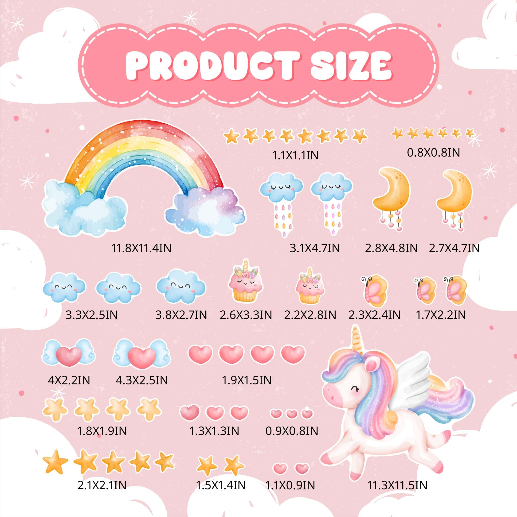 Robmoda four-sheet kit includes unicorns, stars, rainbows, and clouds for versatile DIY decorating