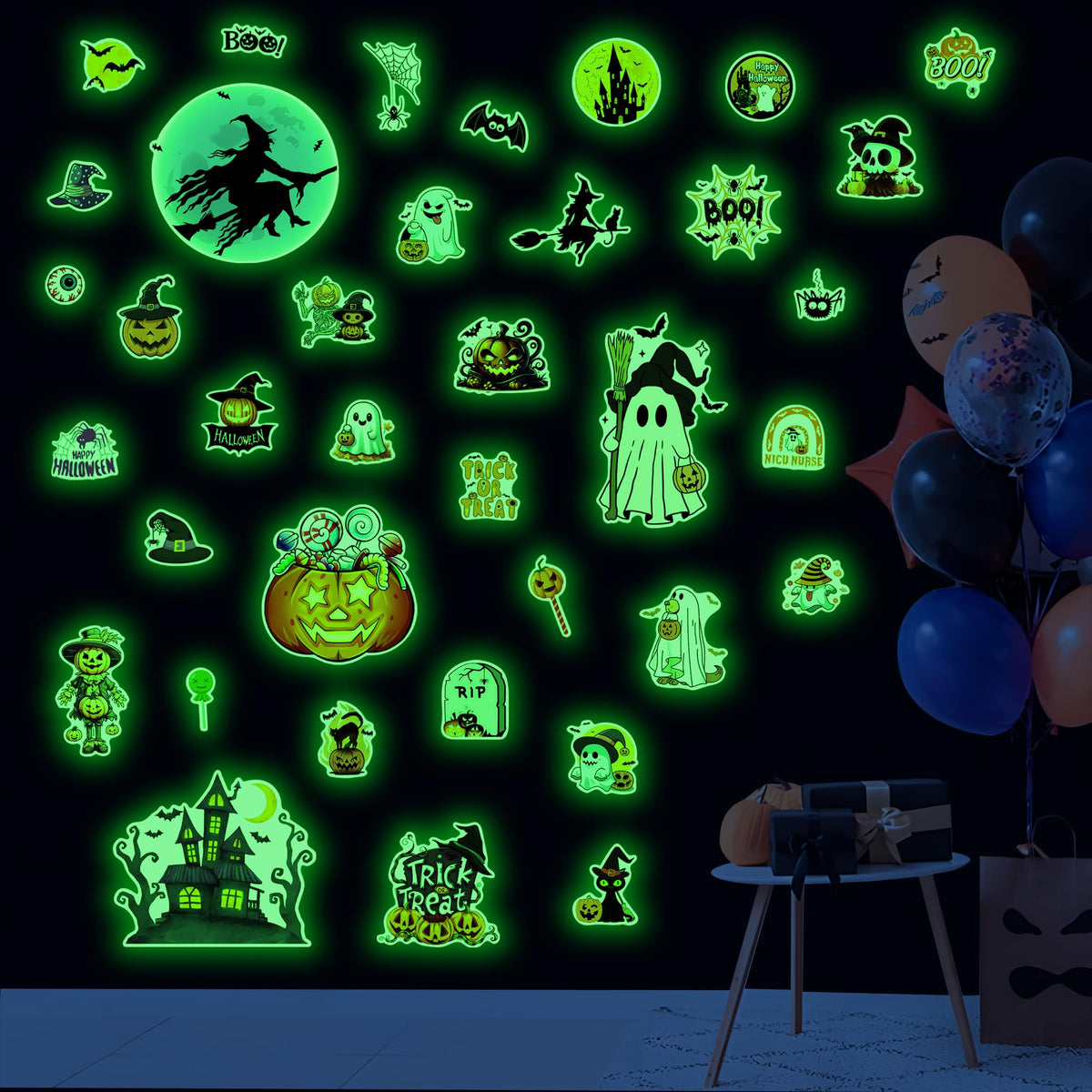 Robmoda glow-in-the-dark Halloween pumpkin wall sticker glows after light exposure for kid rooms.