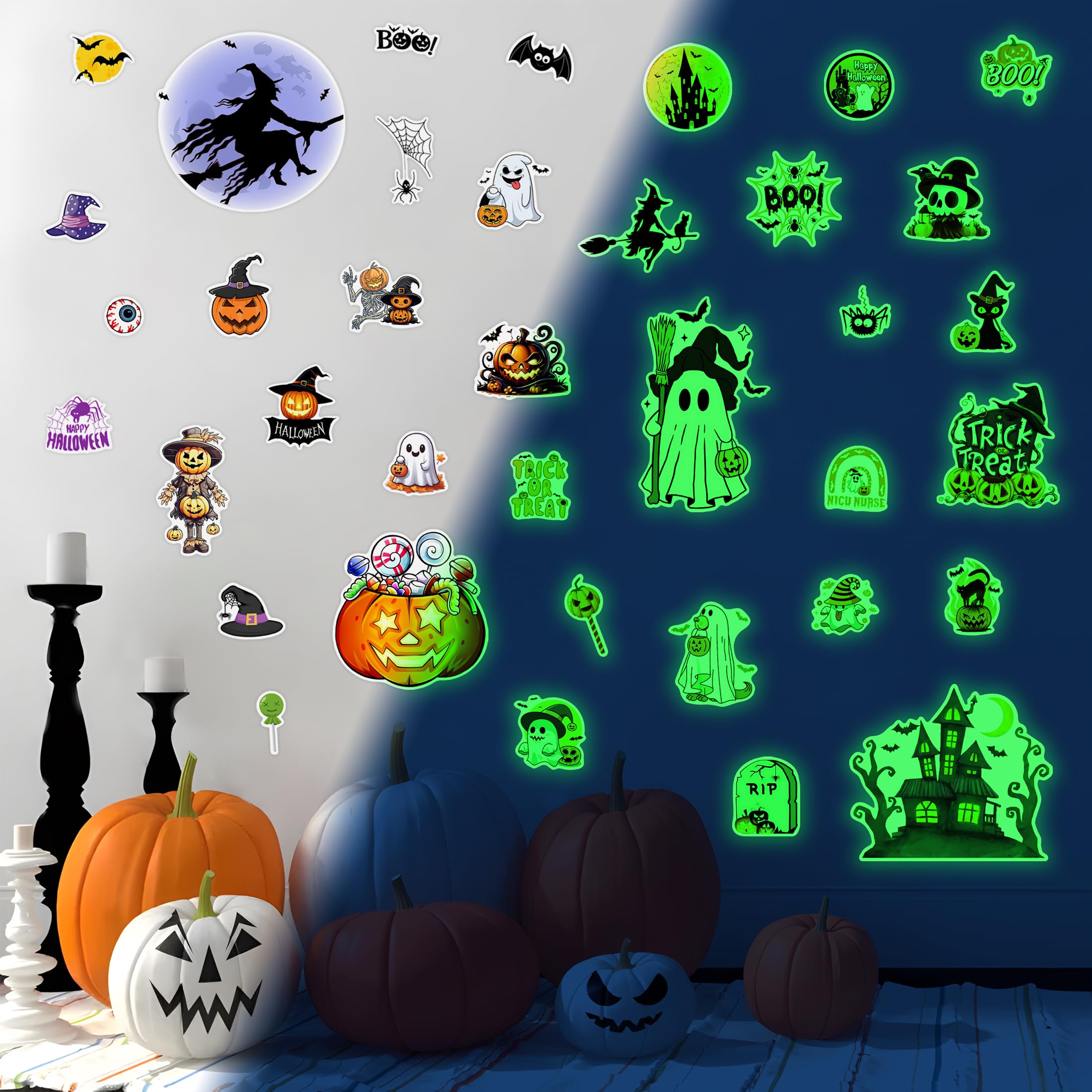 Robmoda glow-in-the-dark pumpkin-ghost combo wall sticker brightens walls safely with no residue.
