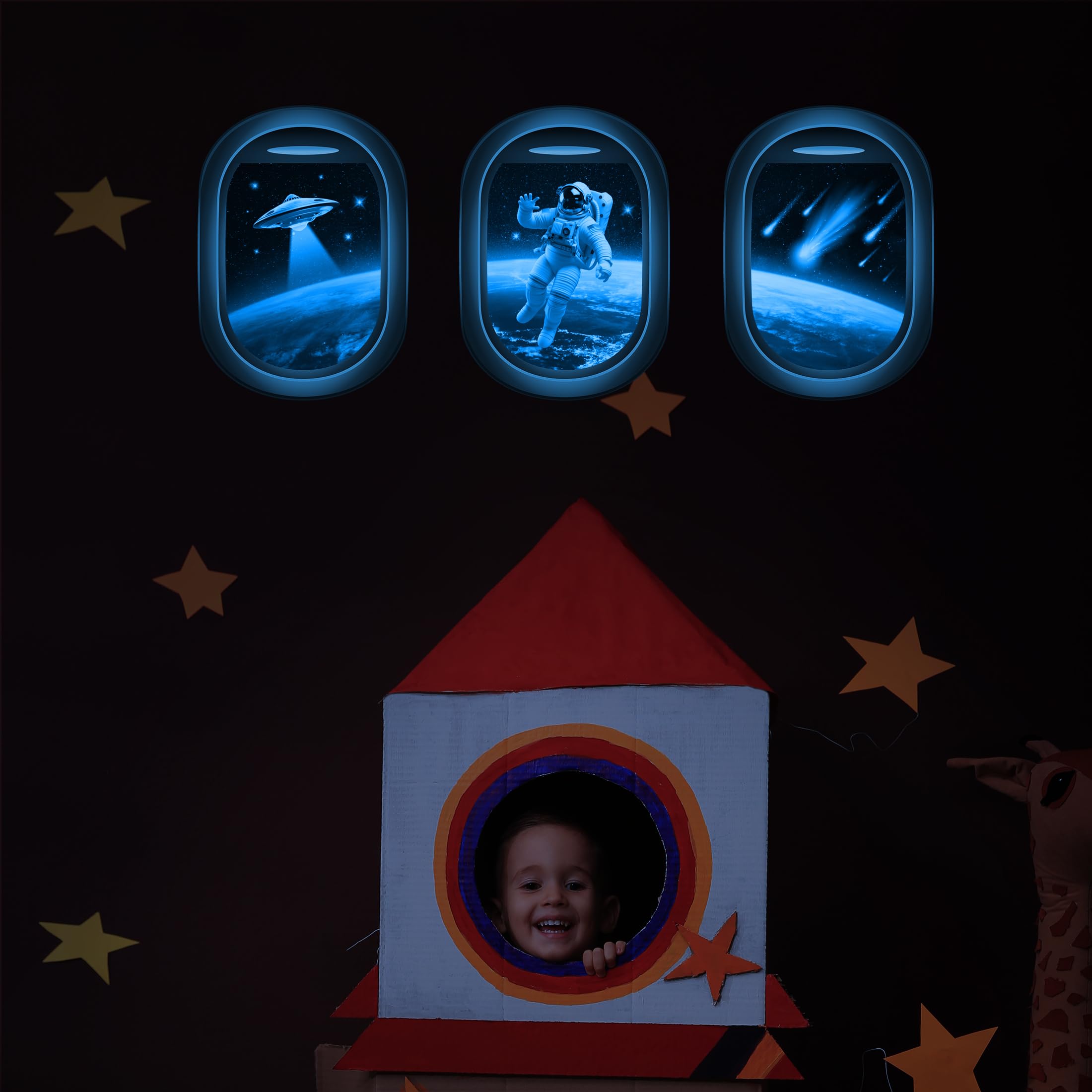 Robmoda Glow in the Dark Space Decals Astronaut scene invites imagination in bedtime routines.