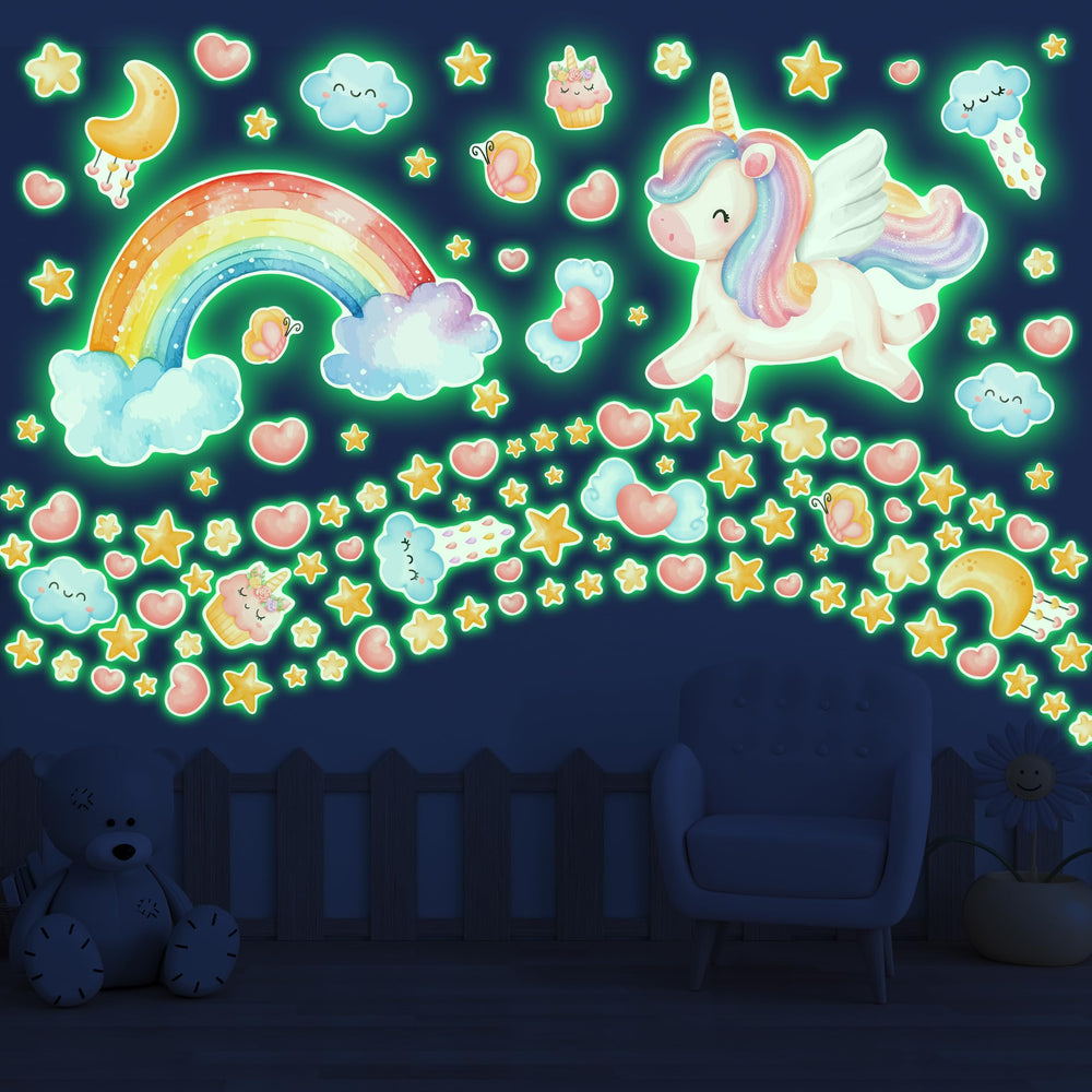Robmoda glow-in-the-dark wall stickers illuminate a playroom with soft watercolor stars and rainbows