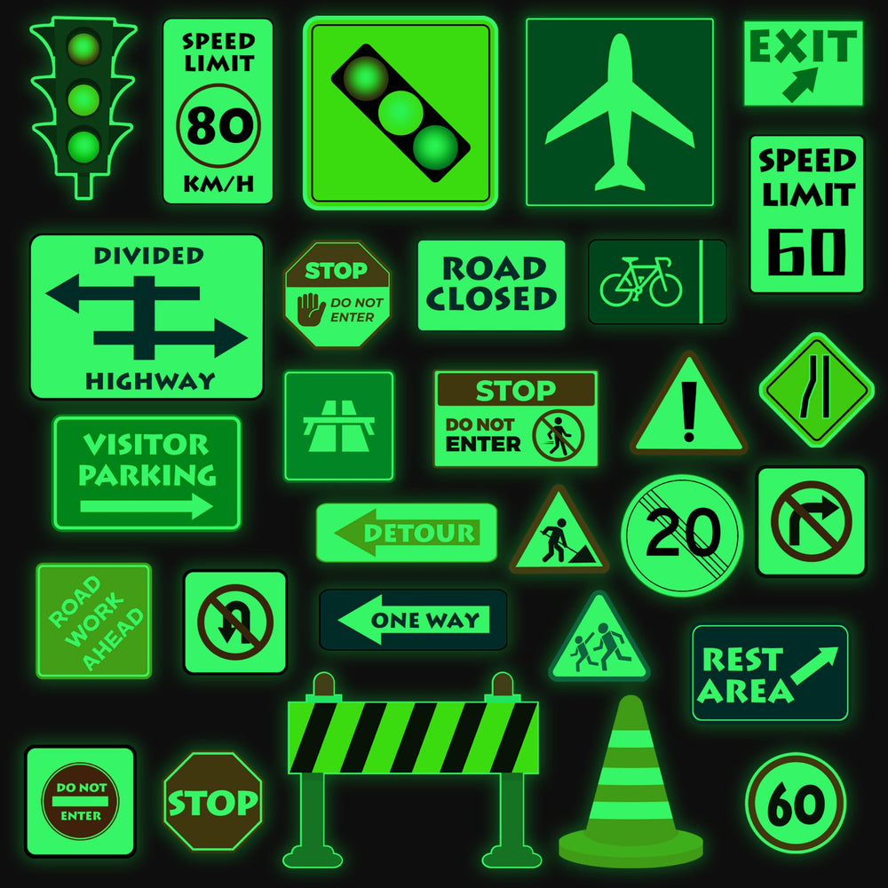Robmoda glow-in-the-dark traffic sign stickers brighten bedrooms after light exposure.