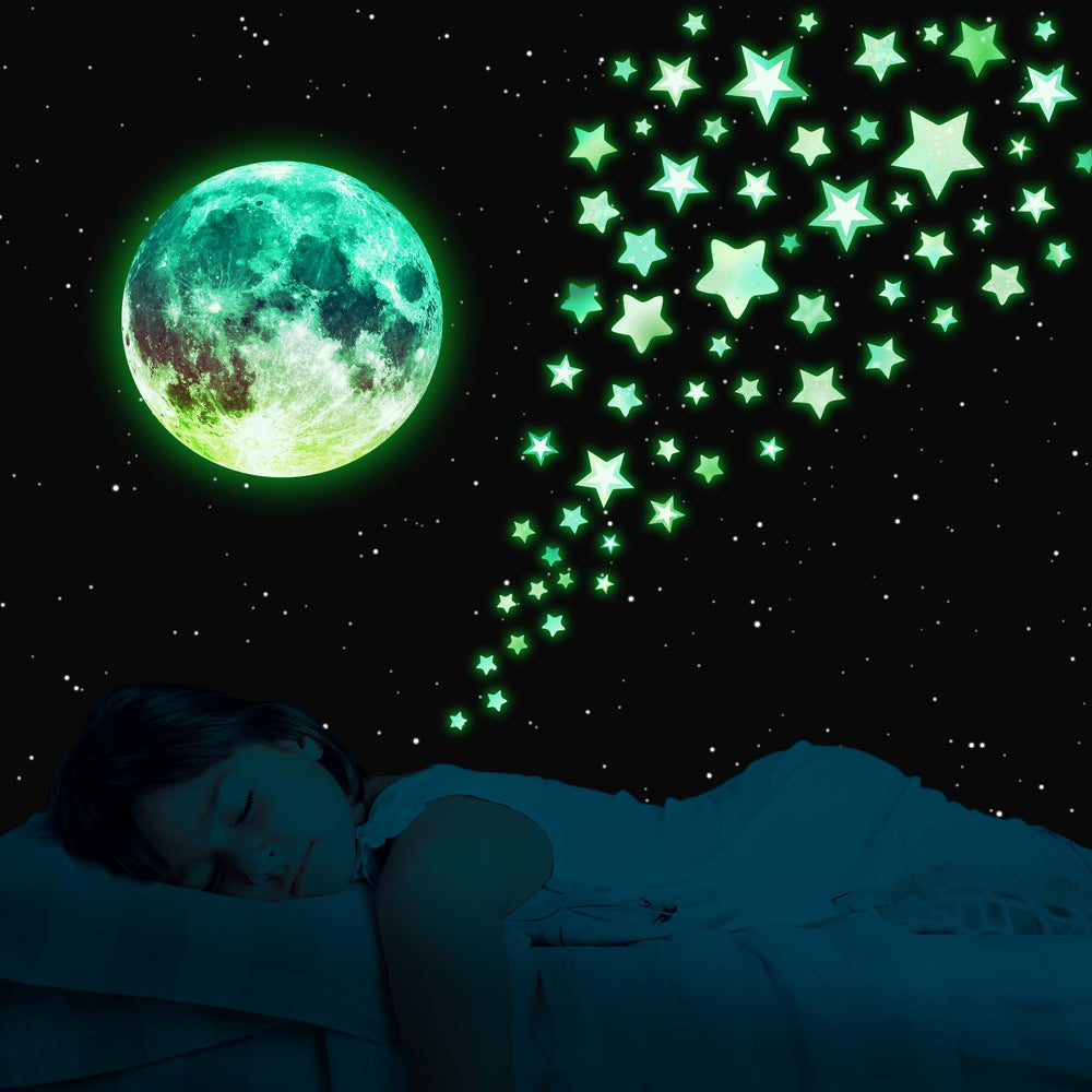 Robmoda moon decal glow kit illuminates walls after light exposure.