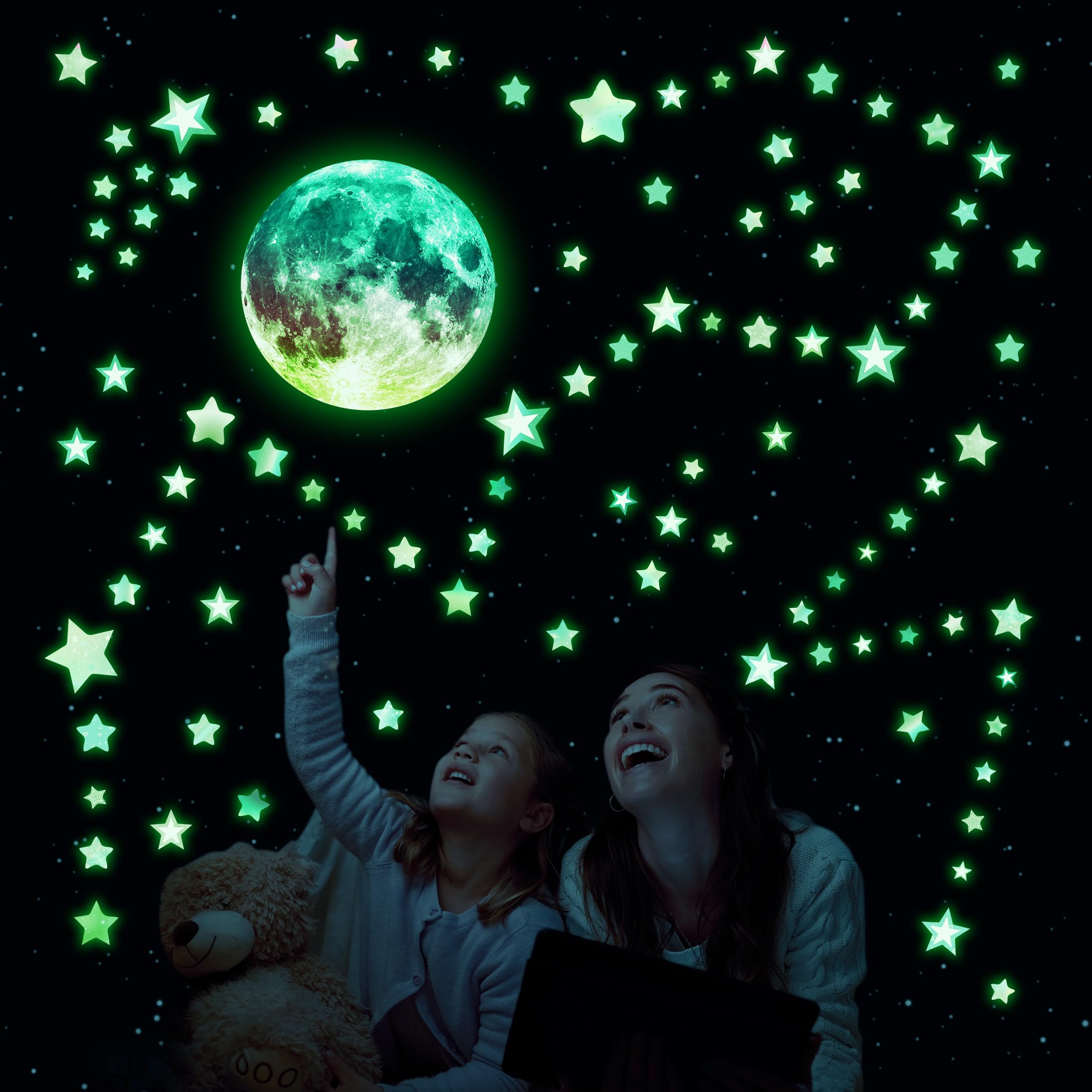 Robmoda glow stars ceiling set with moon decals for magical nighttime ambiance.