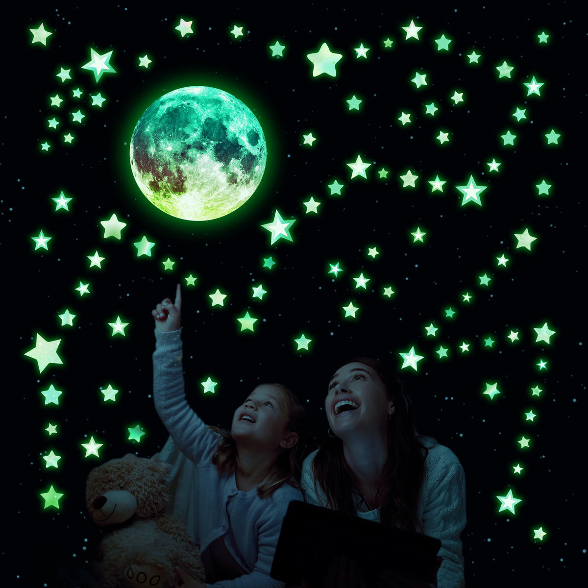 Robmoda glow stars ceiling set with moon decals for magical nighttime ambiance.