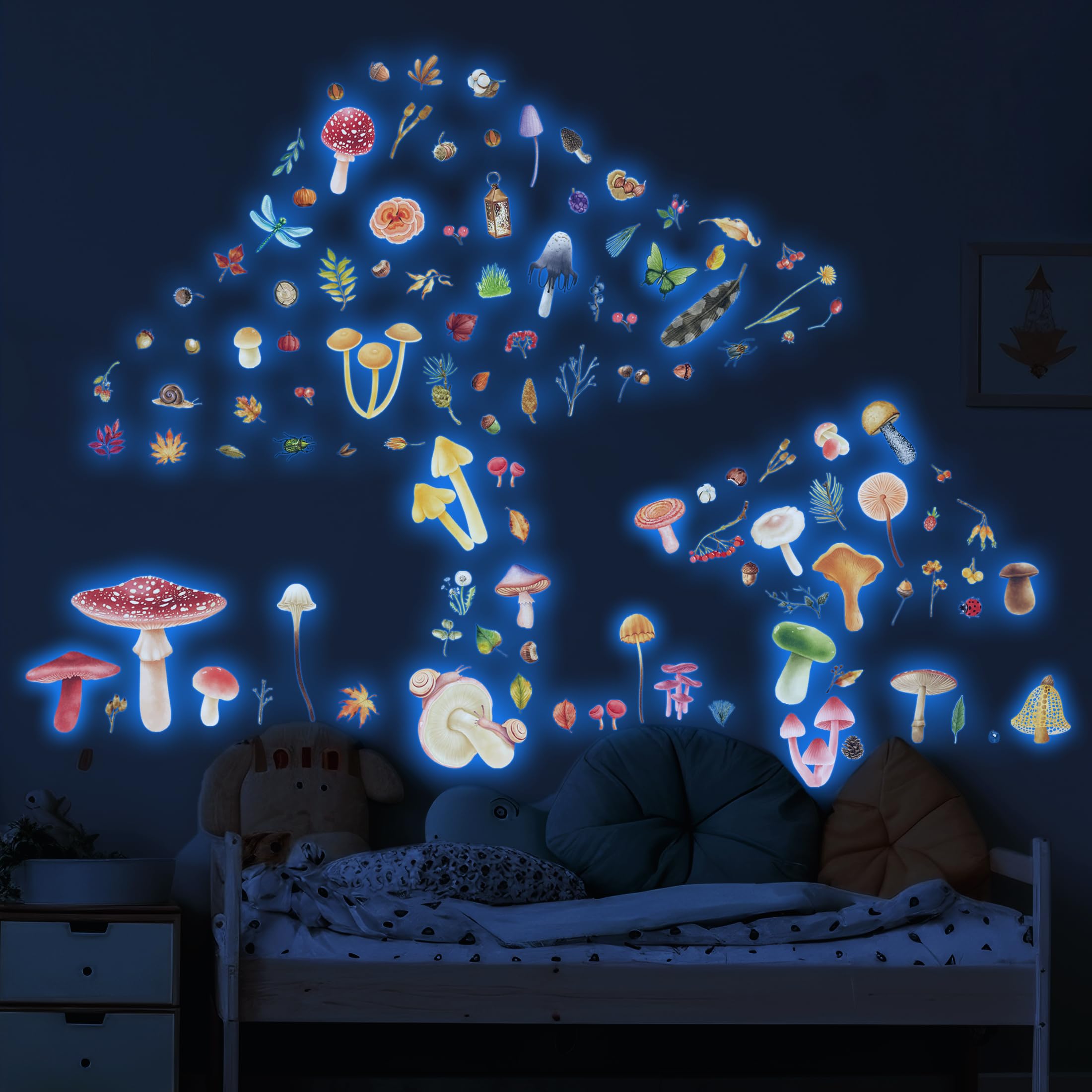 Robmoda glow wall decals with watercolor mushrooms glow on ceiling for dreamy nighttime ambiance