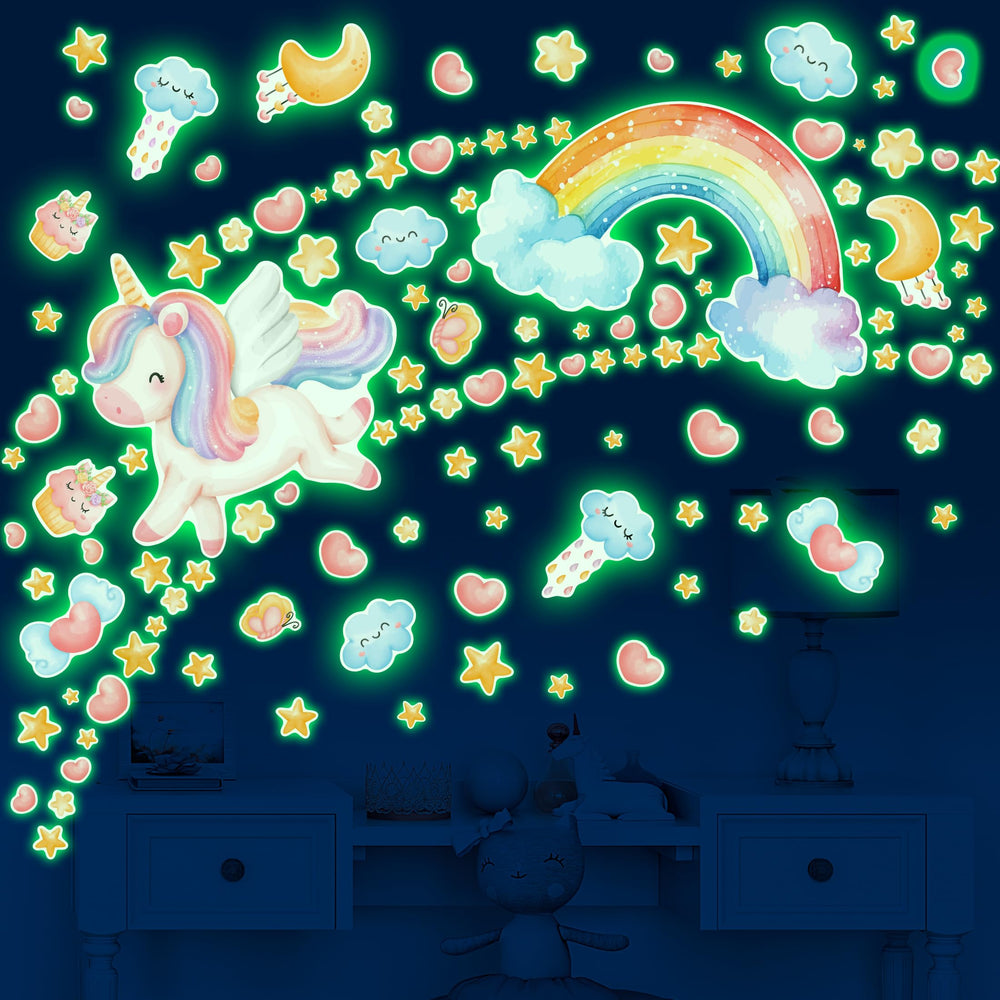 Robmoda large unicorn rainbow wall decal glows in the dark, adding magical evening ambiance to a nursery