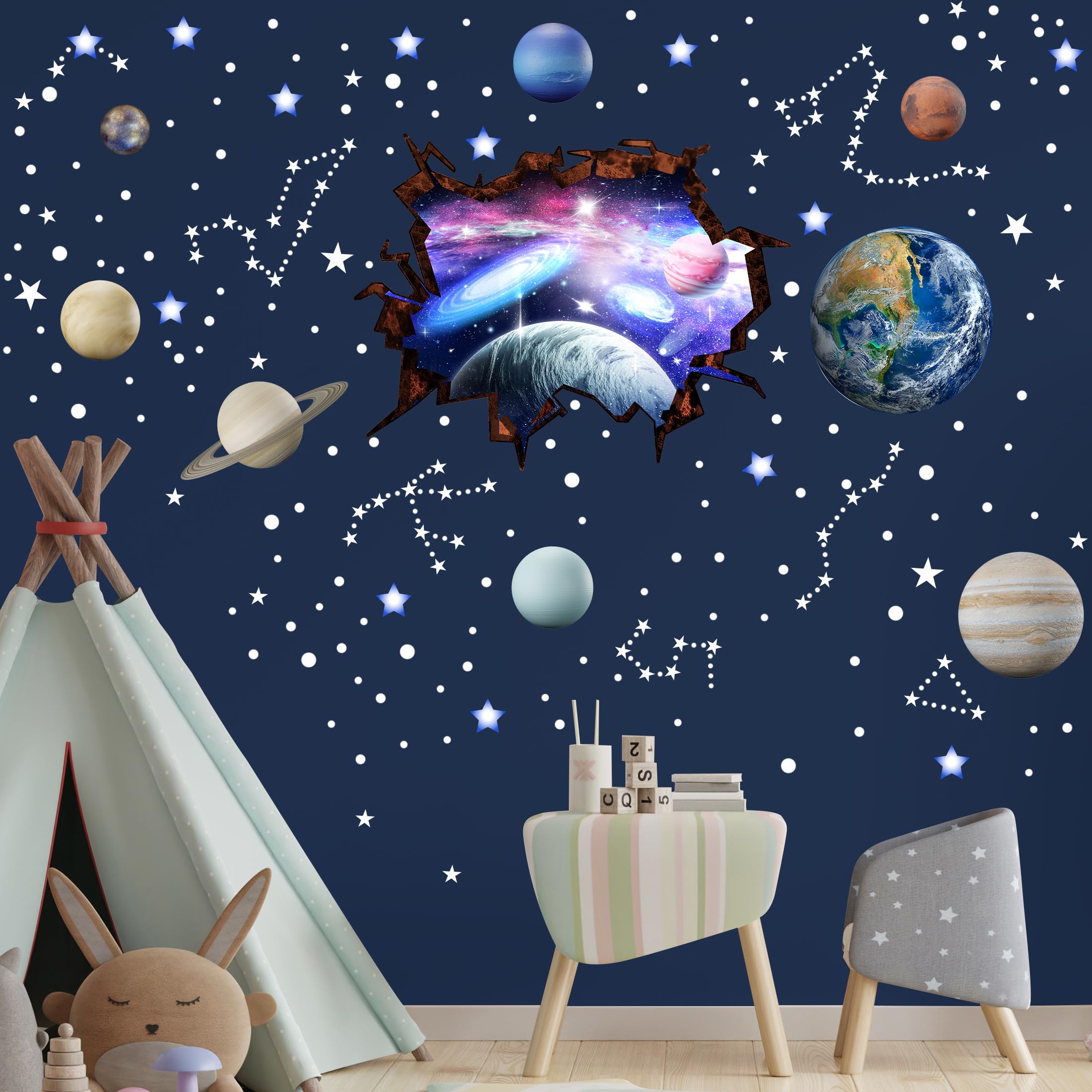 Robmoda solar system wall decals bring educational decor to a nursery or kid’s room.