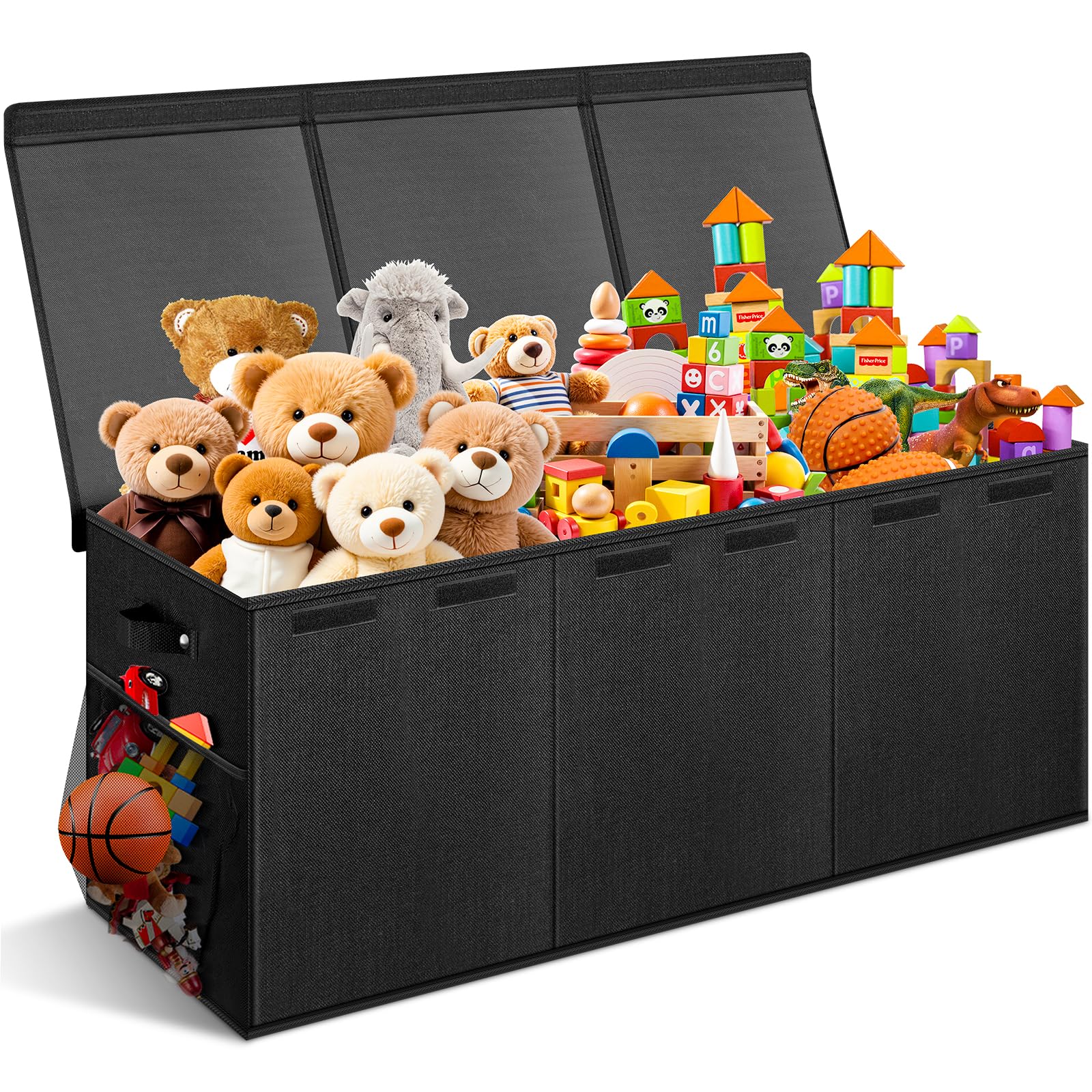 Rocamdo extra-large toy box with lids keeps living room clutter under control.