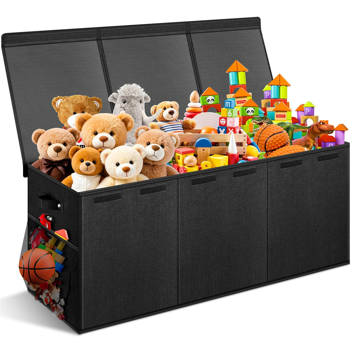 Rocamdo extra-large toy box with lids keeps living room clutter under control.