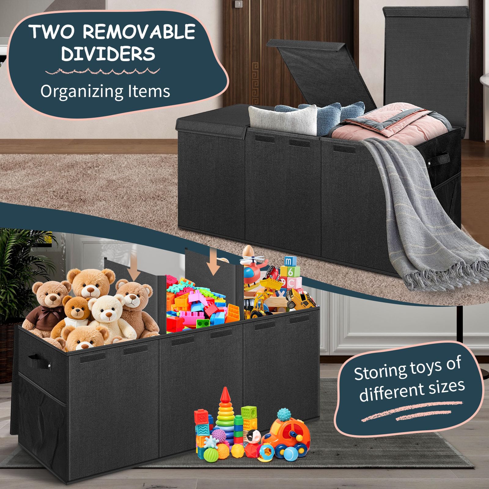 Rocamdo removable dividers help sort toys for quick cleanups.